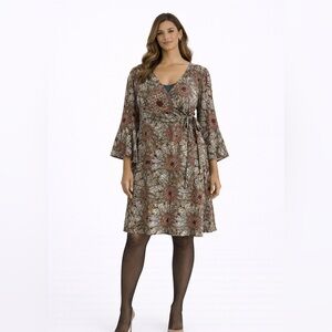 Cato Faux Wrap 3/4 Bell Sleeve Dress
